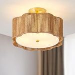 USOR LED Rattan Farmhouse Chandelier 3-Light Semi Flush Mount Ceiling Light Fixture Hand Woven Fabric Shade Rustic Lantern Chandeliers for Foyer Dining Living Room Bedroom Kitchen Bulbs Included