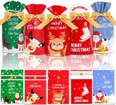 DLY 50 Pcs Christmas Candy Bag Christmas Treat Bags Candy Goodies Plastic Drawstring Gift Bags Merry Christmas Treat Bags for Birthday Party Snack Wrapping Wedding Gift Party Favor Merry X-mas