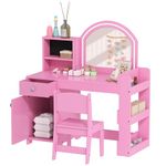 Qaba Kids Vanity Set with Lighted Mirror, Toddler Dressing Table and Chair Set with Cabinet, Drawer and Shelves, Pretend Makeup Playset for Girls 3-8 Years Old, Pink