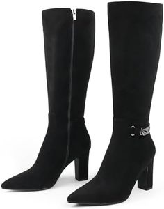 JOY IN LOVE Women's High Block Heel Wrinkled Slouchy Zipper Knee High Boots, Black Suede (Buckle-style), 9.5