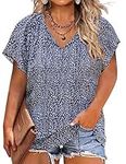 IN'VOLAND Womens Plus Size Leopard Print Tops Boho V Neck Short Sleeve Loose Fit Summer Casual Blouses Shirts Navy Blue