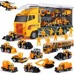 Die-cast Construction Truck (19 in 1) with Realistic Engineering Worker, Toy Car Play Vehicles in Carrier Truck with Double Side Mini Die-Cast Engine Car Toy Set, Birthday Gifts for 3 Years Old Boy