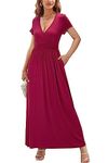 OUGES Women's Summer Casual V Neck Short Sleeve Floral Maxi Long Dresses with Pockets(Wine394,XX-Large)