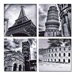 Wieco Art 4 Panels Large Canvas Prints Wall Art Europe Architectures Pictures Paintings for Living Room Kitchen Home Decor Modern Stretched and Framed Giclee Famous Buildings B & W Landscape Artwork