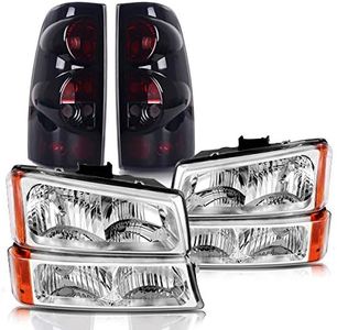 DWVO Headlight and Taillights Combo Compatible with 03-06 Chevy Silverado 1500 2500/03-06 Silverado 1500 HD 2500 HD 3500/07 Chevy Silverado Classic Chrome Headlight Amber Reflector Taillight Smoke