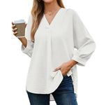 GRACE KARIN Ladies Dressy V Neck Top Vintage Long Sleeves Blouses for Work Office Basic Long Top Loose Blouse White XL