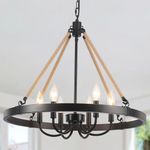 6-Light Wagon Wheel Chandelier, 23.62" Modern Black Chandeliers for Dining Room Light Fixture, Farmhouse Chandelier for Entryway, Living Room, Kitchen Island, Foyer, Hallway