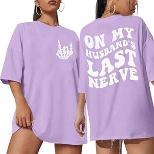 SUPEYA On My Husband's Last Nerve Oversized Shirt Wife Life Tshirt Funny Sarcastic Graphic Shirts Casual Short Sleeve Tops, Purple2, XX-Large