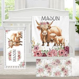 KAINSY Personalized Crib Bedding Set for Baby, 3 Pcs Custom Baby Crib Sets with Name, Baby Girl Nursery Bedding Crib Sets, Flower Highland Cow Baby Bedding Set, Toddlers Kids Children Customized Gift