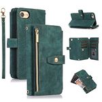 UEEBAI Case for iPhone 7 Plus/iPhone 8 Plus, 9 Card Slots Retro Leather Wallet Shockproof Flip Cover with Hand Strap Card Slots Zipper Pocket Kickstand Handbag Magnetic Closure - Vintage Green