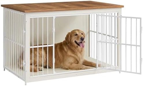 Feandrea Wooden Dog Crate Furniture, 48 Inches Heavy-Duty Kennel for Dogs up to 110 lb, with Double Doors and Enclosed Wood Base, Modern Pet Cage End Table Indoor, Rustic White and Honey Brown