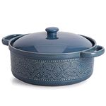 FUN ELEMENTS Casserole Dish, 2 Quart Lace Emboss Casserole Dish with Lid, Oven to Table Ceramic Round Serving Dish with Handles for Dinner and Party(Blue)