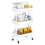 Tianqinuk 3 Tier Storage Trolley on Wheels Metal Organiser Rolling Storage Cart Kitchen Storage Utility Cart with Handle for Kitchen,Bedroom,Bathroom,Office (White)