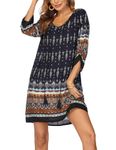 Hotouch Womens Summer Cotton Hawaiian Dress Long Sleeve V Neck Floral Print Casual Bohemian Midi Dresses Navy L