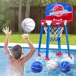 HYES Pool Basketball Hoop Poolside with Backboard, Floating Pool Toys with 4 Basketballs/4 Water Balloons/Pump, Swimming Pool Games for Kids & Adults Indoor Outdoor Play, Red