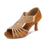 TTdancewear Ballroom Dance Shoes Women Rhinestone Latin Salsa Dance Shoes Practice Low Heels 2.5" (8.5,Tan)