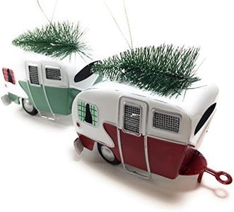 Kurt Adler Red and Green Campers Hauling Trees Tin Christmas Holiday Ornaments Set of 2