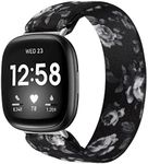 TOYOUTHS Compatible with Fitbit Sense/Sense 2 Band/Versa 3/Versa 4 Bands Women Men Dressy Elastic Nylon Fabric Strap Stretchy Sport Wristband Replacement for Fitbit Versa 4, Black Grey Floral/Small