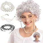 Adult/Child Curly Grey Granny Wig Set with Wig Cap, Glasses, Eyeglass Chain and Pearl Necklace Old Lady Costume Wig Halloween Cosplay Party Accessories