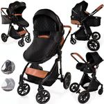 Baby Pram Pushchair Buggy with Car Seat Lightweight Stroller Folding Strollers 3 in1 Travel System Baby Trolley Baby Pram for Newborns Toddlers 0-36 Months from Birth (Black - Black Frame)