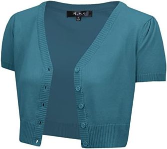 YEMAK Women's Cropped Bolero Cardigan – Short Sleeve V-Neck Basic Classic Casual Button Down Knit Soft Sweater Knitted Top