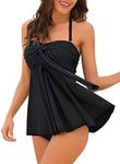 LookbookStore Women's Halter Bandeau Crisscross Tankini Set High Waisted Bathing Suit Black X-Large (Fits US 16-US 18)