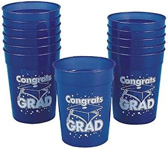 Fun Express 12 Pieces Congrats Grad Plastic Cups for Graduation, 10 oz, BPA Free Plastic, Graduation Party Supplies, Print Tableware, Print Cups, Blue