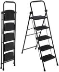 5 Step Ladder, Steel Folding Step Ladder, Portable Ladder with Anti-Slip Wide Pedals, Safe-Lock Design, Handrail, Durable Construction for Multi-Purpose, Home, Kitchen, Black