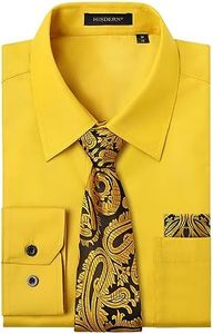 HISDERN Chemise Jaune Homme Manches Longues Formelle Chemises Business avec Cravate Habillée Chemise Mariage Casual avec Poche Regular S