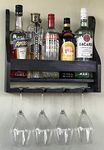 Genuine Decor Wood Wine Rack - Wall Mounted - 4/8 Glasses and Bottles Holder | Mini Bar Cabinet for Home with Wine Glass Holder | Walnut (Black)