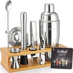 Cocktail Making Set, Cocktail Shaker Set 750ml Stainless Steel Bar Tool Set Bartender Kit with Bamboo Display Stand for Home & Bar