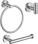 YUET Bathroom Hardware Accessories Set - SUS 304 Stainless Steel Brushed Wall Mounted Rack, Towel Ring Bar + Toilet Paper Roll Holder + Robe Hook, Bath Accessory Hooks (Brush Silver)