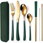 AARAINBOW 7 Pieces Stainless Steel Flatware Set Portable Reusable Cutlery Set Travel Utensils Set Including Chopsticks Knife Fork Spoon Straws Cleaning Brush Dishwasher Safe (7 Green Golden)