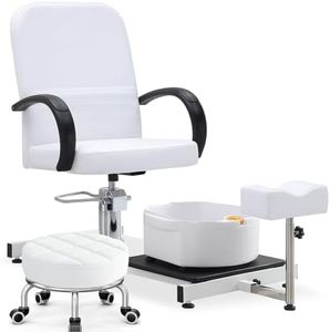 OKAKOPA 360 Swivel Pedicure Chairs, High Adjustable Pedicure Unit w/Stool, Footrest and Foot Basin, Portable Pedicure Station for Nail Teach, Silla para Pedicure Professional, White