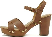 SODA MIGUEL ~ Women Crisscross Band Fashion Chunky Platform Block Mid Heel Sandal with Ankle Strap and Stud, Tan Pu, 9