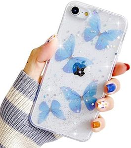 HJWKJUS Compatible with iPhone 6/6s Case for Women Girls,Bling Glitter Silicone Bumper Cover Cute Blue Butterfly Sparkle Stars Design Clear Soft TPU Case for iPhone 6/6s 4.7''