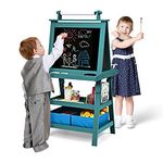 GYMAX Wooden Kids Easel, Double Sided Whiteboard & Chalkboard Painting Easel with Paper Roll, 2 Storage Boxes and 2 Pigment Cups, Art Drawing Board Stand for Children (Blue)