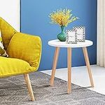 COSTWAY Round Coffee Table, Small Side Table Cocktail Tea Desk, Nightstand Bedside Sofa End Table for Living Room, Bedroom and Balcony (White+Natural, Round with Solid Wood Legs)