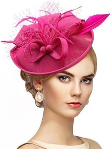 Zinniday Tea Party Hat for Women - Rose Red Derby Fascinator with Detachable Headband (9.64“x7.87” / Head Circumference 21.5“-23.5”) - Lightweight Feather & Polyester