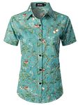 JOGAL Women's Floral Blouse Casual Button Down Short Sleeve Aloha Tropical Hawaiian Shirt X-Small GreenBranches Turquoise Blue