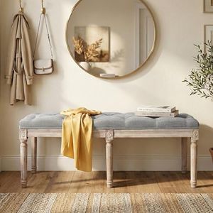 DM Furniture Farmhouse Dining Bench 45" Long Vintage Tufted Bench with Wood Legs Upholstered Entryway Bench Fabric End of Bed Bench for Bedroom Living Room Hallway, Grey