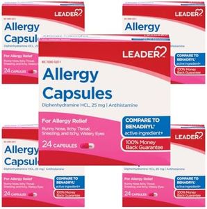 Leader Antihistamine Allergy Relief Diphenhydramine HCl, 25mg Capsules, 24 Count Pack of 5