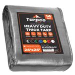 Tarpco Safety Extra Heavy Duty 14 Mil Tarp Cover, Waterproof, UV Resistant, Rip and Tear Proof, Poly Tarpaulin with Reinforced Edges for Roof, Camping, Patio, Pool, Boat (Silver/Black 24′ X 24′)