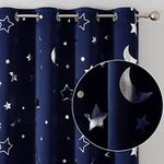 WUBODTI Navy Blue Star Blackout Curtains for Kids Nursery, Silver Star and Moon Printed Small Curtains Thermal Insulated Room Darkening Space Curtain Drapes for Baby Room, 2 Panels, 52'' x 63''