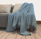 KyraHome 100% Organic Cotton 60"x80" Muslin Throw Blanket for Couch, Adult, Outdoor, Hand-Plant Dyed Pre-Washed, Breathable Soft, Cozy, Lightweight Summer Blanket, All Season (Aqua/Slate Blue)