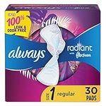 Always, Radiant With FlexFoam Pads For Women, Size 1, Regular Absorbency With Wings, Light Clean Scent, 30 Count