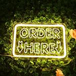 Order Here Neon Sign, LED Adjustable Brightness Neon Light Sign for Business, Buffet, Party, Bar, Store, Hotel, Shop Window Display Wall Decor with Hanging Sets (11.8"x7.8", USB, WarmWhite)