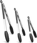 3 Pack Stainless Steel Kitchen Tongs with Silicone Tips, Locking Food Tongs for Cooking BBQ, 10.7'' 13.5'' & 15.5'', 480ºF High Heat-Resistant, BPA Free, Non-Stick, Diswasher Safe (Black, 3 Pack)