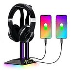 Headphone Stand with RGB Light, Dual USB 2.0 Ports Headset Stand, Stable Gaming Headset Holder with Non Slip Rubber Pad Desk Earphone Hanger for PC Gamers, 10.5x4.8x4.1in