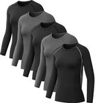 NebuKinex 5 Pack Women's Compression Shirt Long Sleeve Workout Tops Athletic Baselayer Quick Dry Gym Yoga Running T-Shirt 3Black/2Grey XL